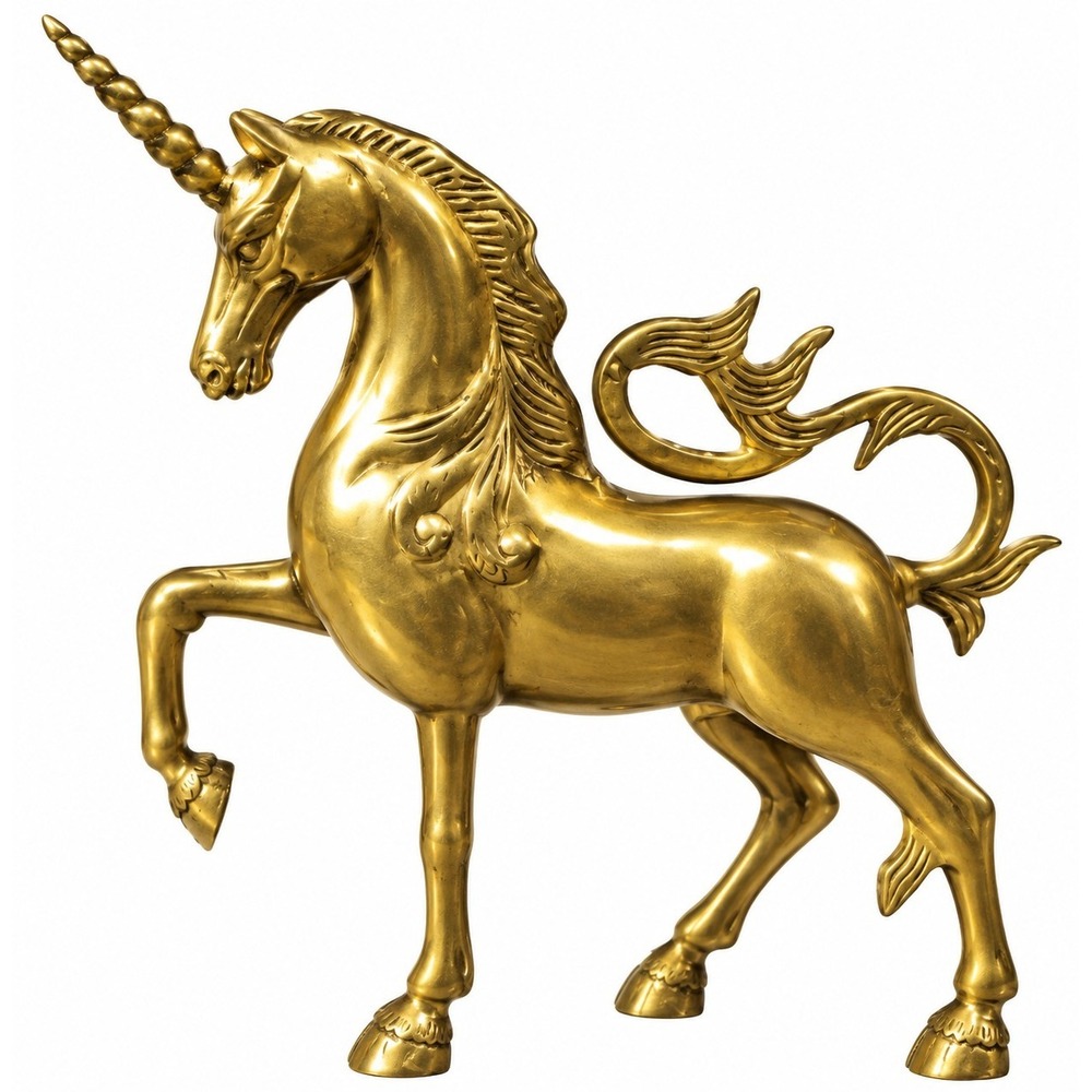Vintage MCM Solid Brass Gold Unicorn Sculpture Figurine, Large 8" 1970s RARE